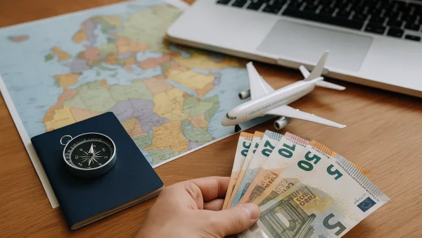 Hand hält Euro-Scheine neben Reisepass, Kompass, Flugzeugmodell und Weltkarte auf Holztisch