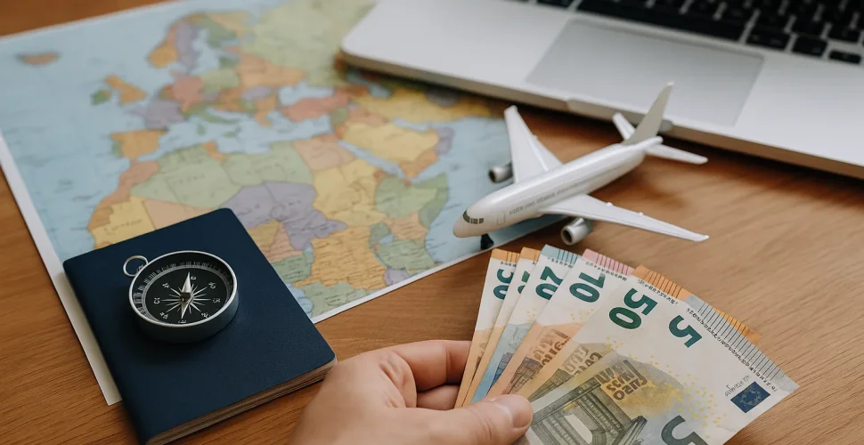 Hand hält Euro-Scheine neben Reisepass, Kompass, Flugzeugmodell und Weltkarte auf Holztisch