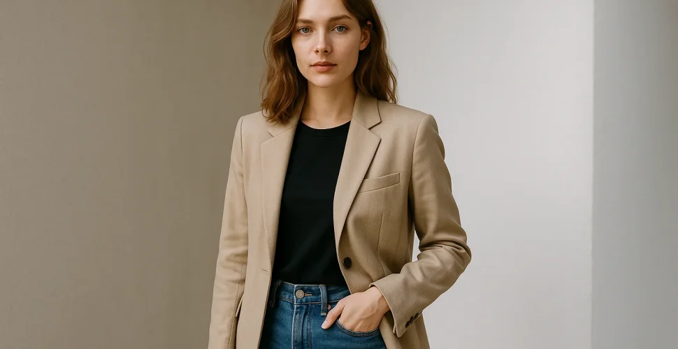 Frau in Beige-Blazer und schwarzem Top mit Jeans vor neutralem Hintergrund