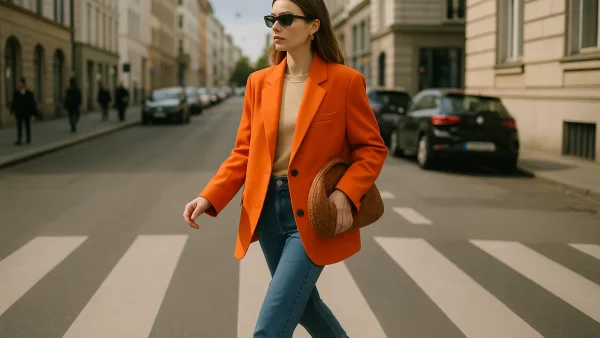Stilvolle Frau trägt aktuelle Modetrends der Saison 2026 auf der Straße