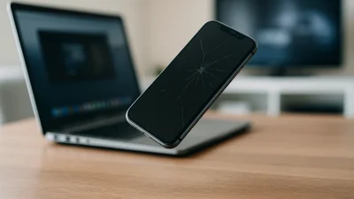Smartphone mit zerbrochenem Display auf Holztisch vor Laptop und Monitor