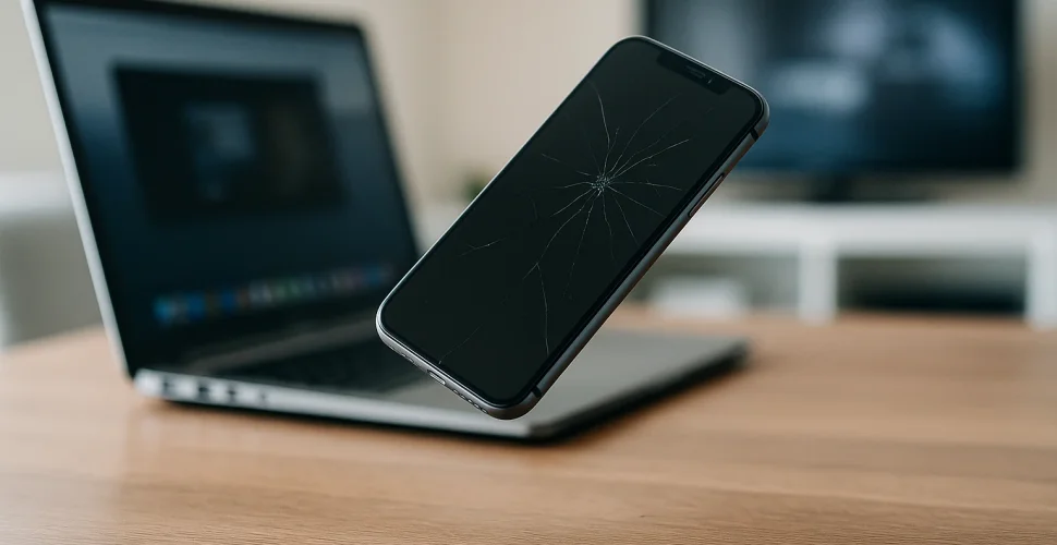 Smartphone mit zerbrochenem Display auf Holztisch vor Laptop und Monitor
